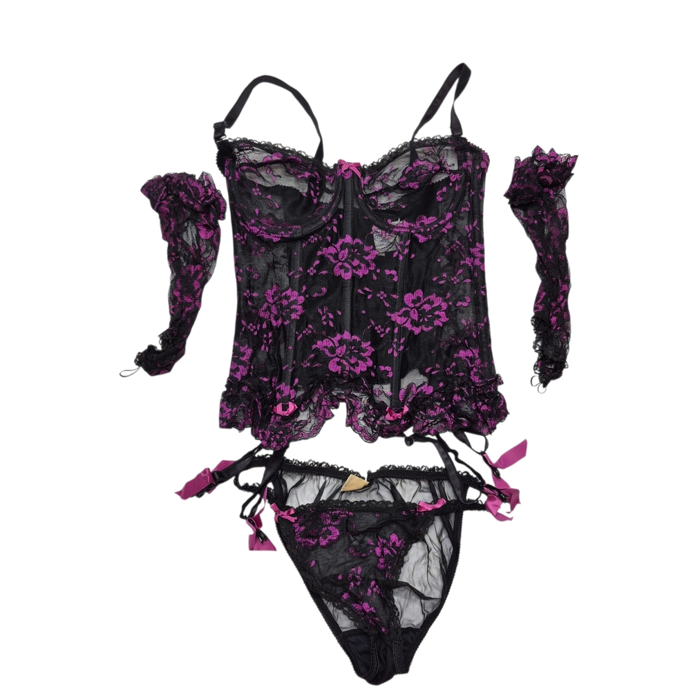 Vintage Undercover Wear Floral Lace Lingerie Set Black Purple Corset Panty Sz 34